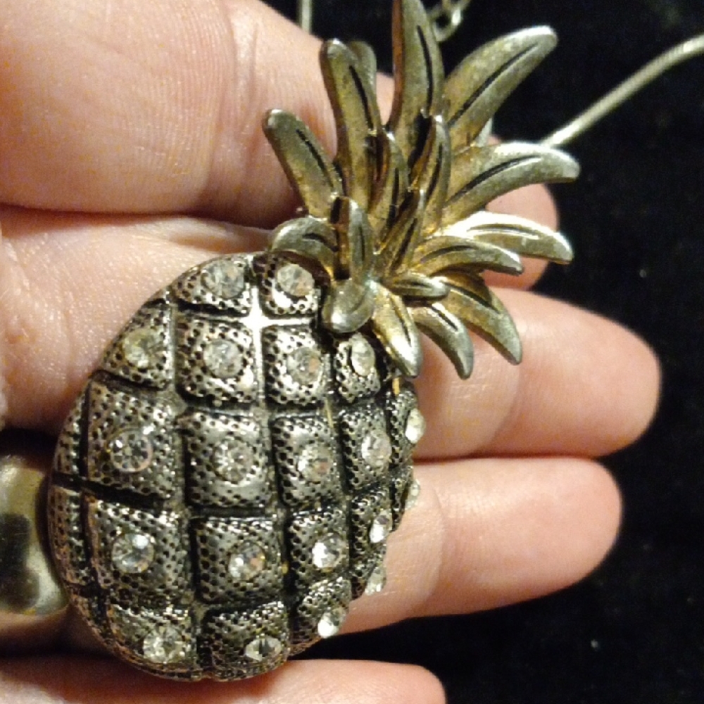 Silver and Gold Rhimestone Pineapple Pendant Necklace.20 In Long